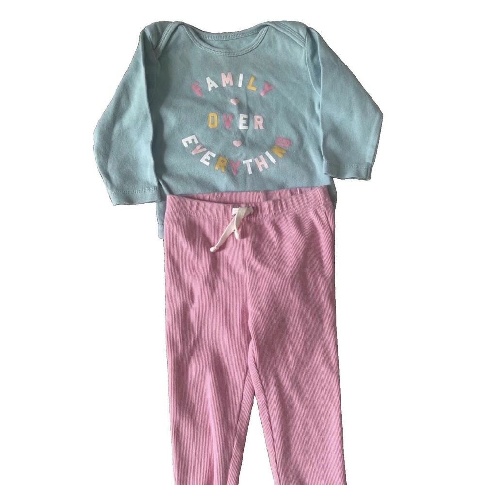 2pc Pants Set 6-9M Blue Long Sleeve "Family Over Everything" Pink Pants